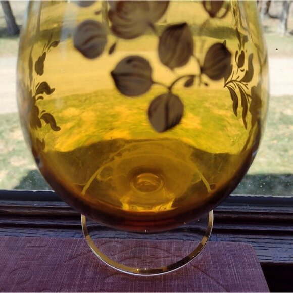Vtg Italy Hand Blown Glass Wine Decanter Amber Gold White Floral Hand Painted - Picture 14 of 15